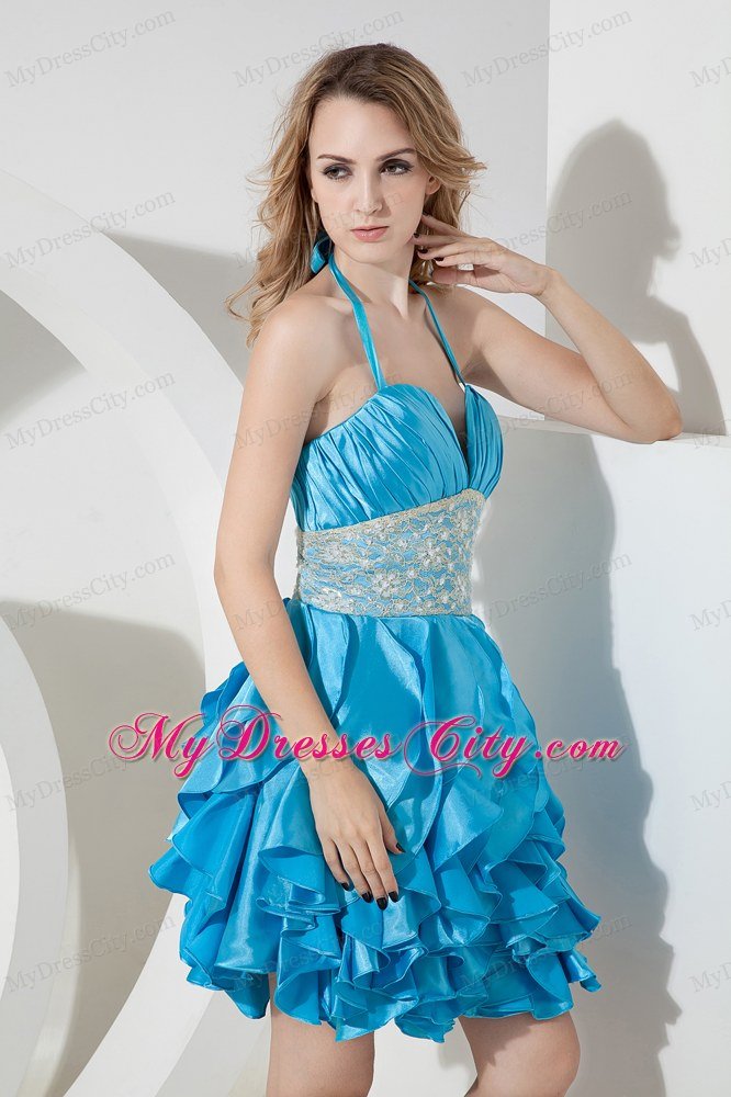 Short Halter Lace Covered Waist Nightclub Dress with Ruffled Layers