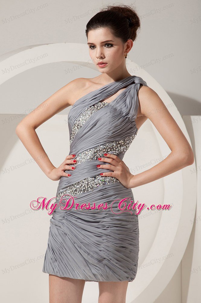 Beautiful Grey One Shoulder Short Dress with Beading