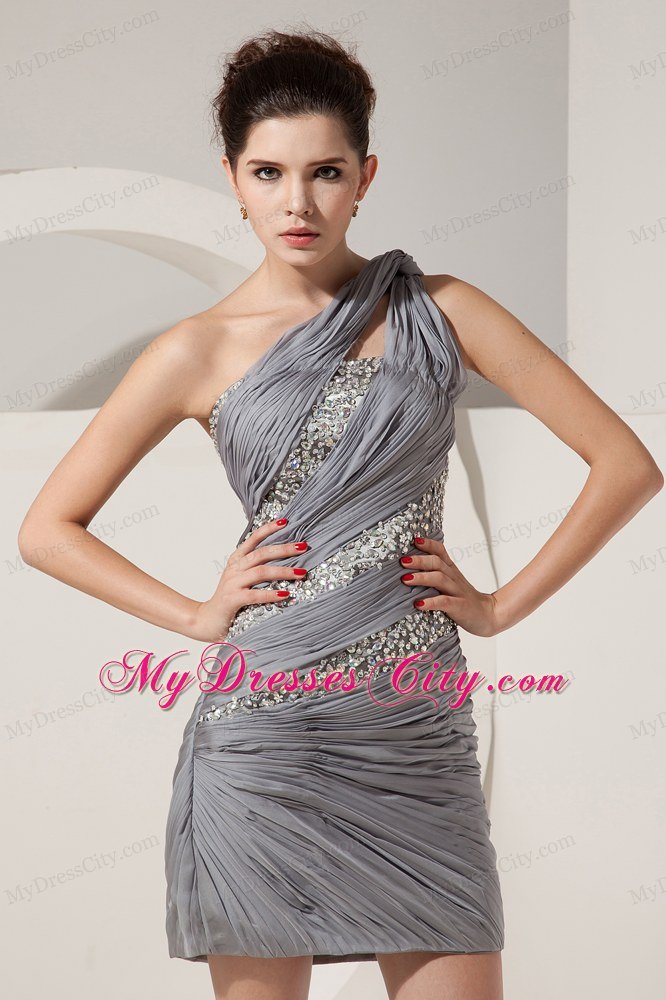 Beautiful Grey One Shoulder Short Dress with Beading