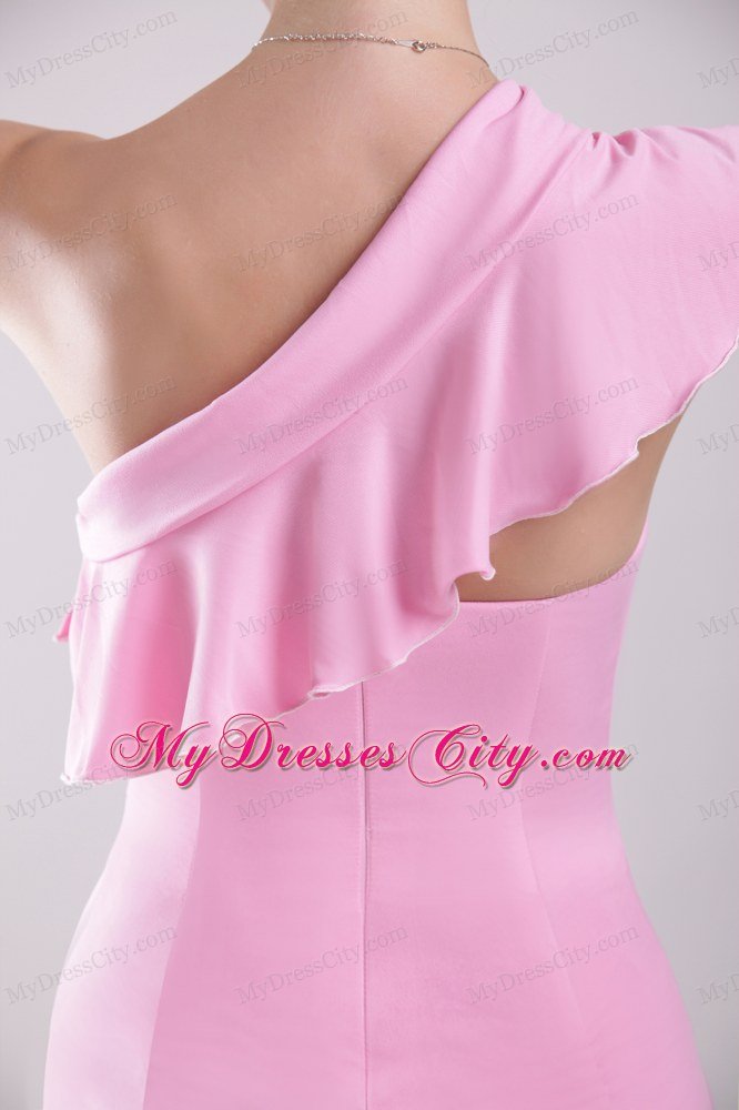 Pink One Shoulder Mini-length Chiffon Ruched Club Cocktail Dress