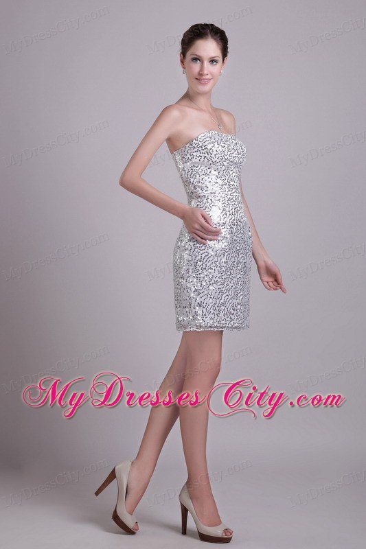 Silver Column Strapless Short Sequined Dress for Nightclub