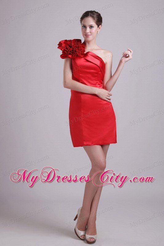 Red Column One Shoulder Short Taffeta Flowers Nightclub Dress