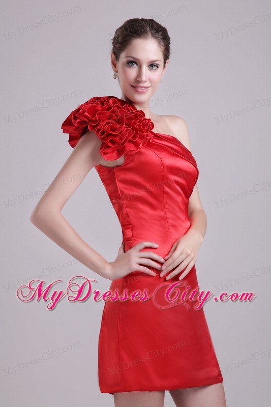 Red Column One Shoulder Short Taffeta Flowers Nightclub Dress