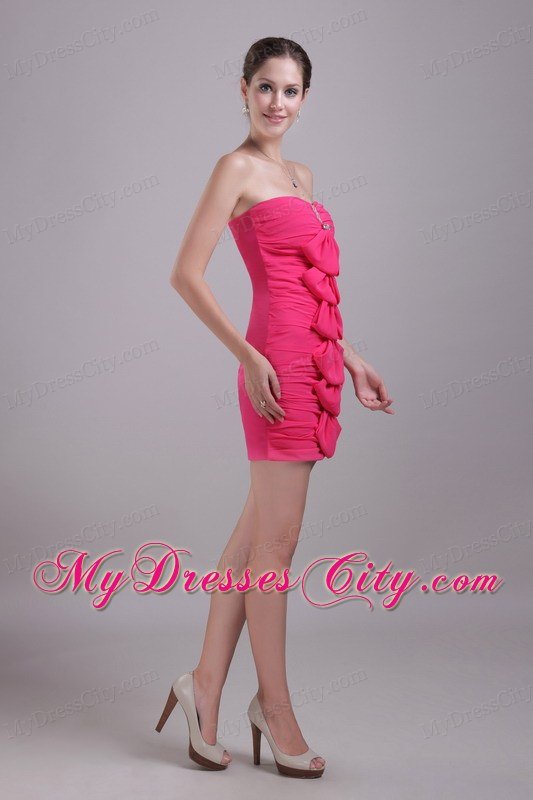 Hot Pink Strapless Mini-length Chiffon Beaded Nightclub Dress
