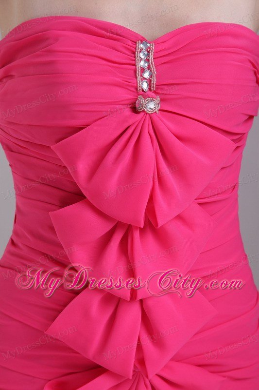 Hot Pink Strapless Mini-length Chiffon Beaded Nightclub Dress