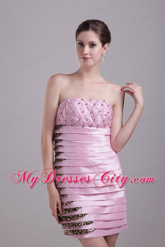 Baby Pink Strapless Taffeta and Leopard Nightclub Dress Beaded