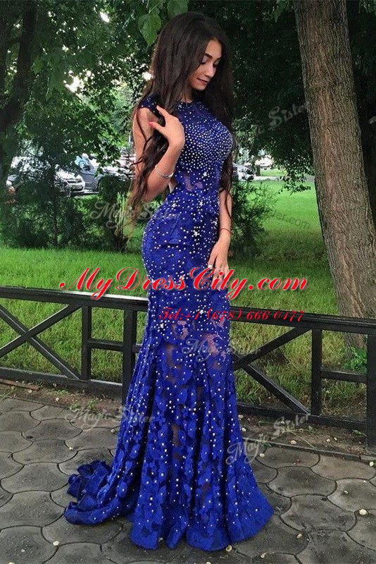 Cheap Mermaid Royal Blue Lace Backless Scoop Sleeveless With Train Prom Gown Brush Train Beading and Lace