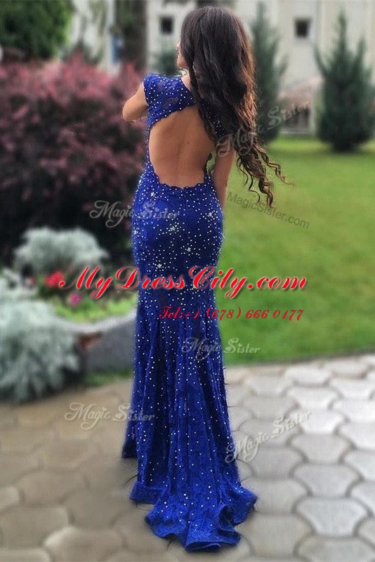 Cheap Mermaid Royal Blue Lace Backless Scoop Sleeveless With Train Prom Gown Brush Train Beading and Lace