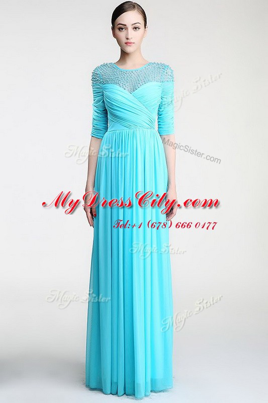 Colorful Scoop Aqua Blue Column/Sheath Beading and Ruching Homecoming Dress Zipper Chiffon Sleeveless Floor Length