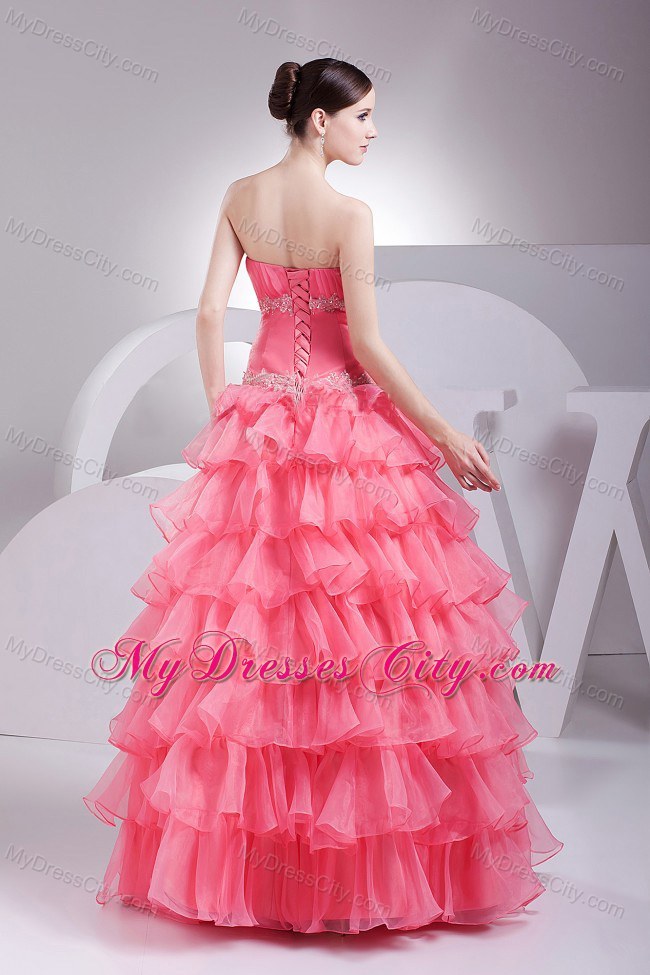 Appliques Decorated Bodice Ruffled Watermelon Pageant Dress