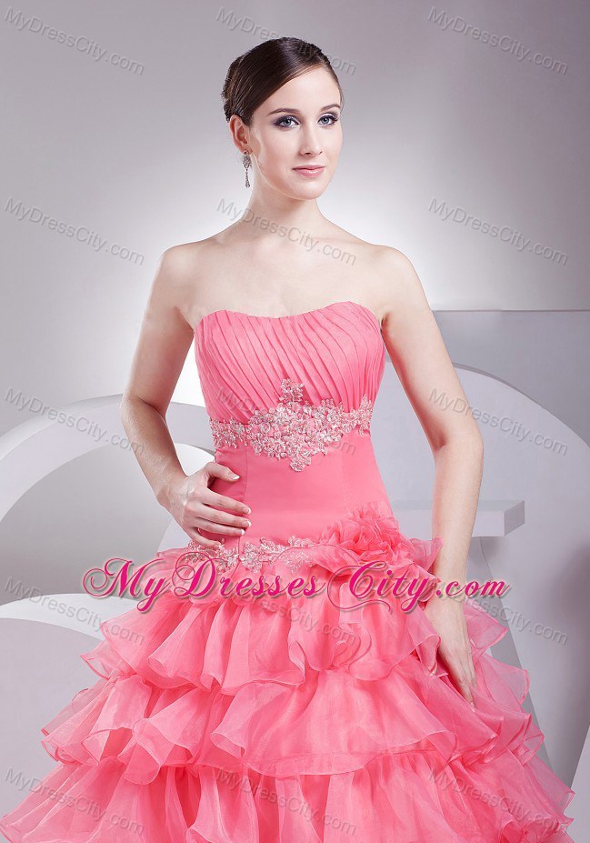 Appliques Decorated Bodice Ruffled Watermelon Pageant Dress