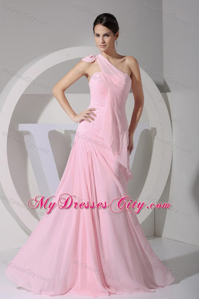 One Shoulder Pink Chiffon Floor-length Beauty Pageant Dresses