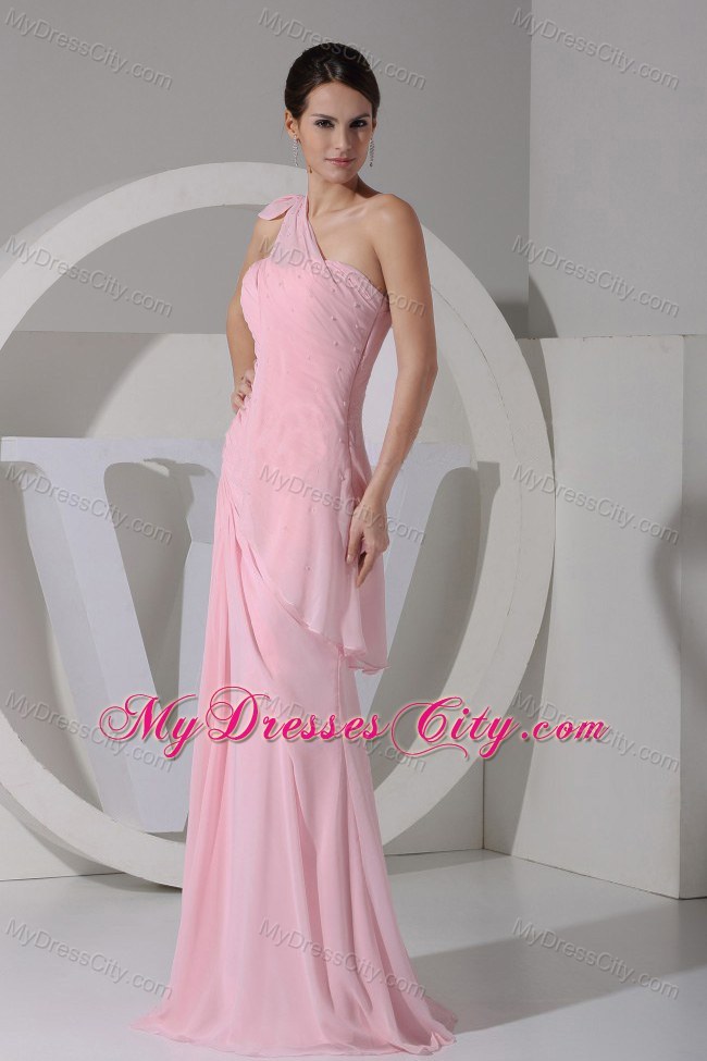 One Shoulder Pink Chiffon Floor-length Beauty Pageant Dresses