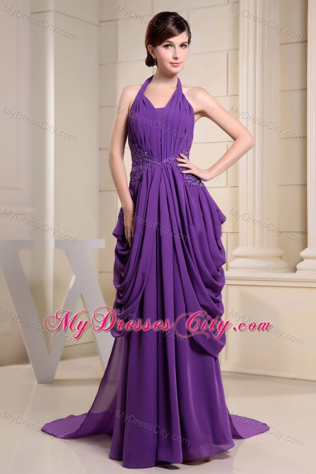 Purple Halter Glitz Pageant Dress With Ruching and Appliques