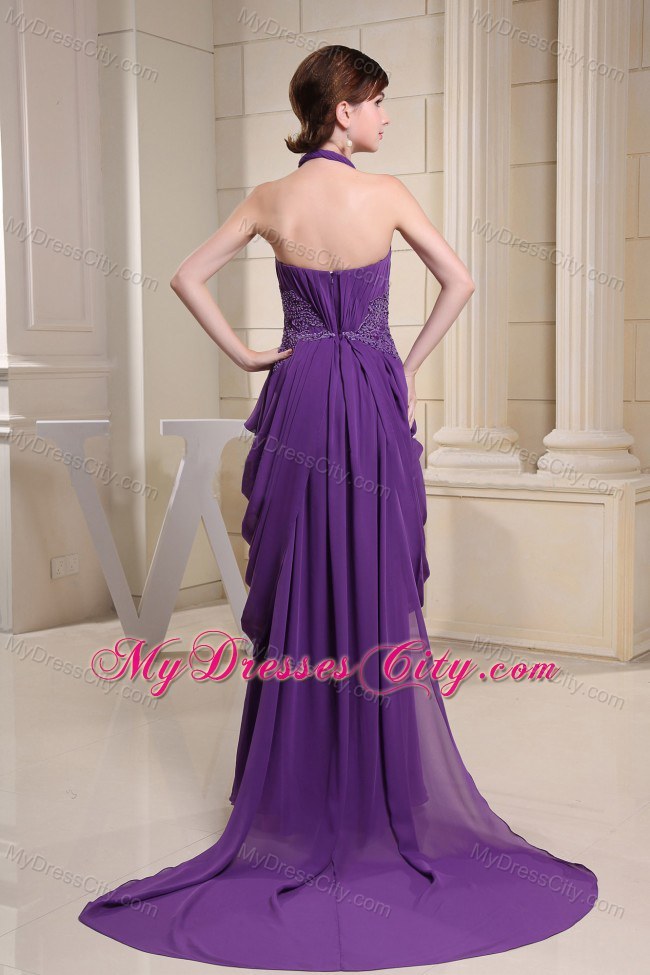 Purple Halter Glitz Pageant Dress With Ruching and Appliques