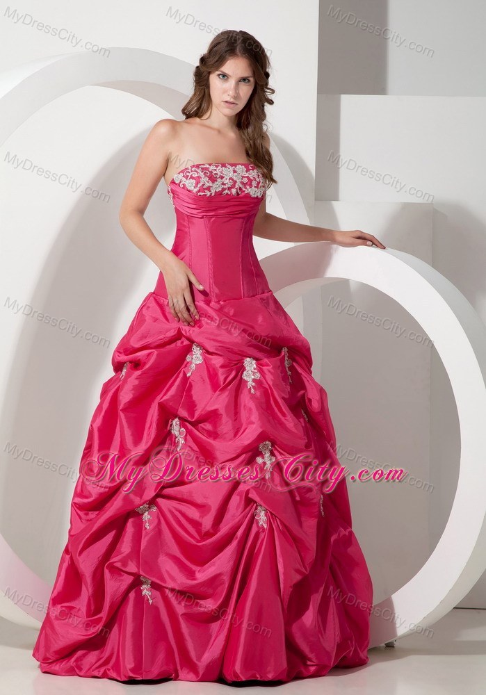 Popular Hot Pink A-line Strapless Appliques Pageant Dress