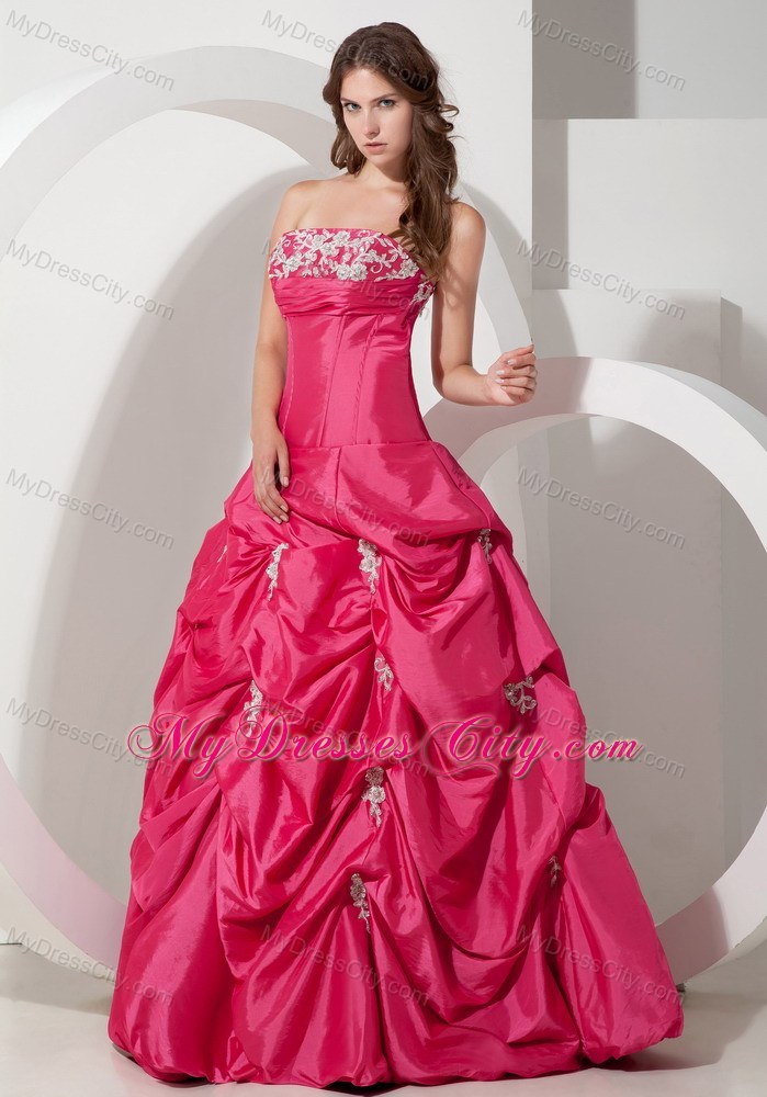 Popular Hot Pink A-line Strapless Appliques Pageant Dress