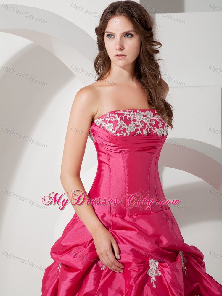 Popular Hot Pink Aline Strapless Appliques Pageant Dress