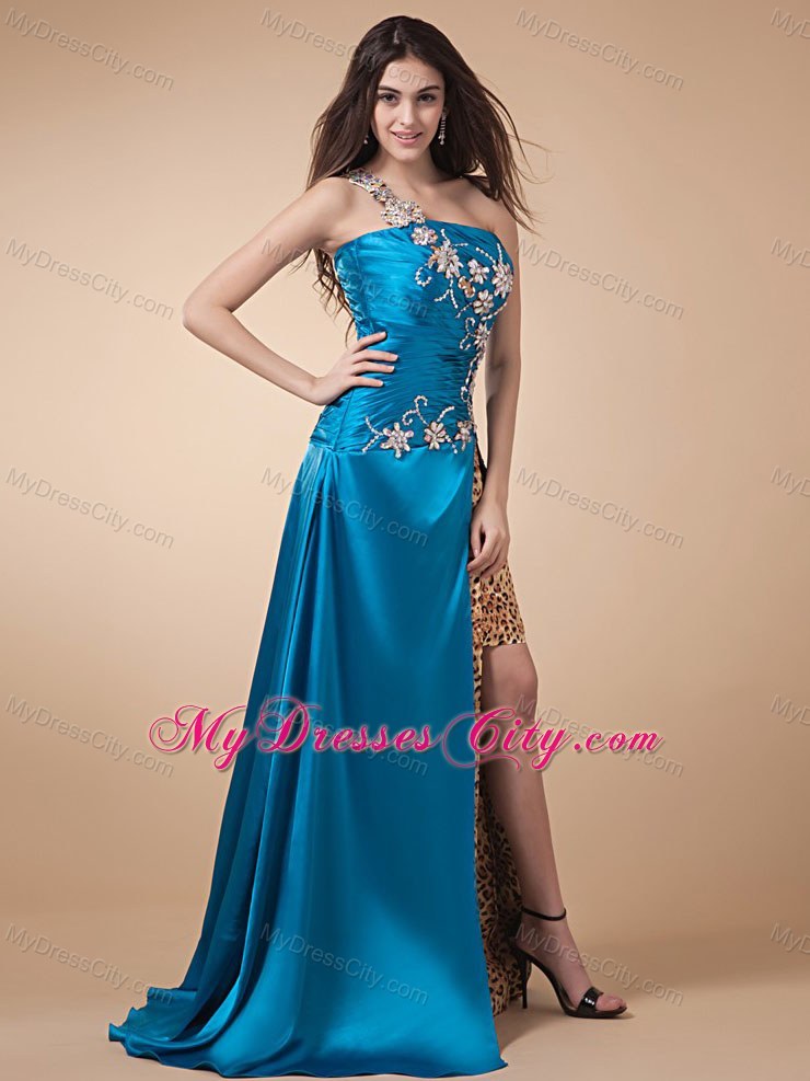 Leopard Brush Train Blue Pageant Gown with Appliques
