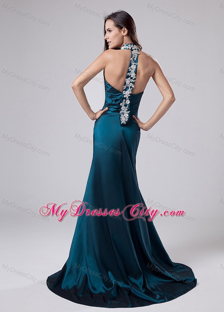 Appliques Halter Sweetheart Turquoise Long Pageant Gown