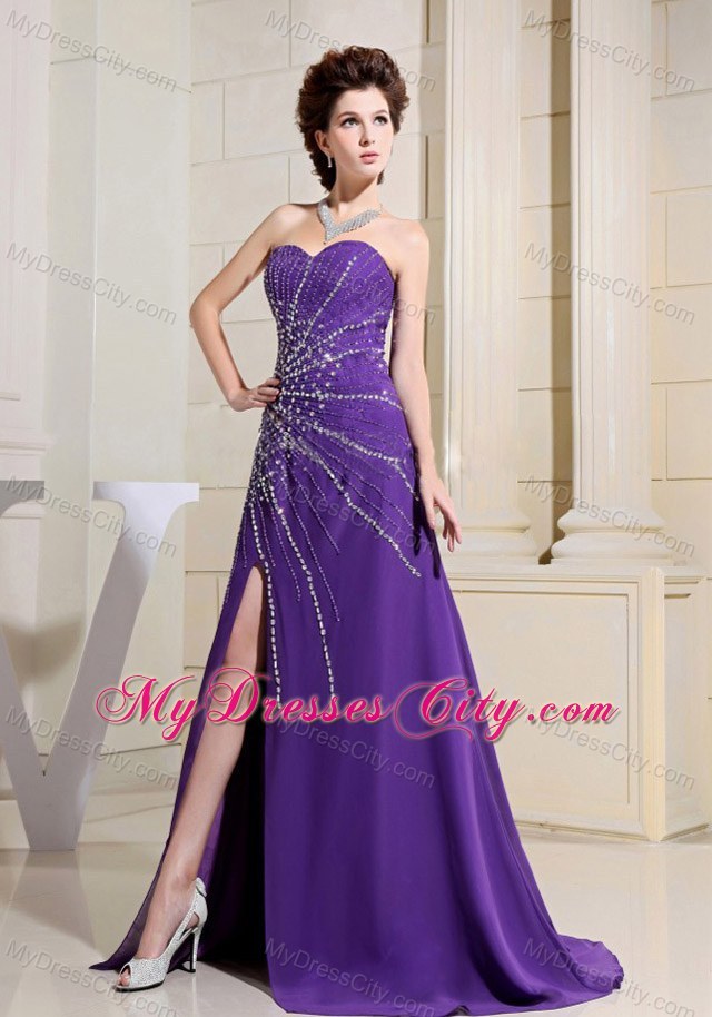 Sweetheart Purple Glitz Pageant Dress with Beading and Side Slit
