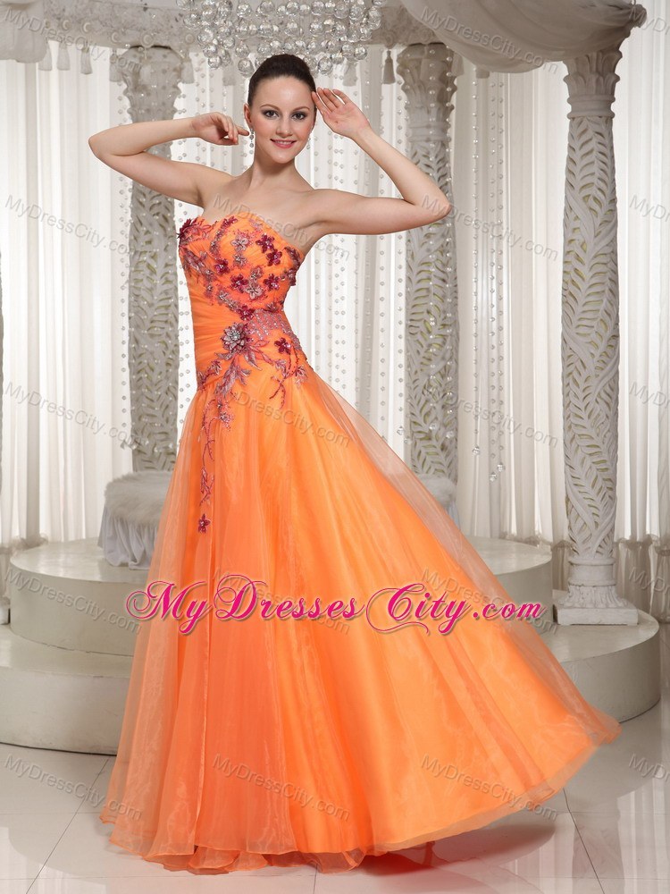Orange A-Line Floor-length Organza Appliques Pageant Dress