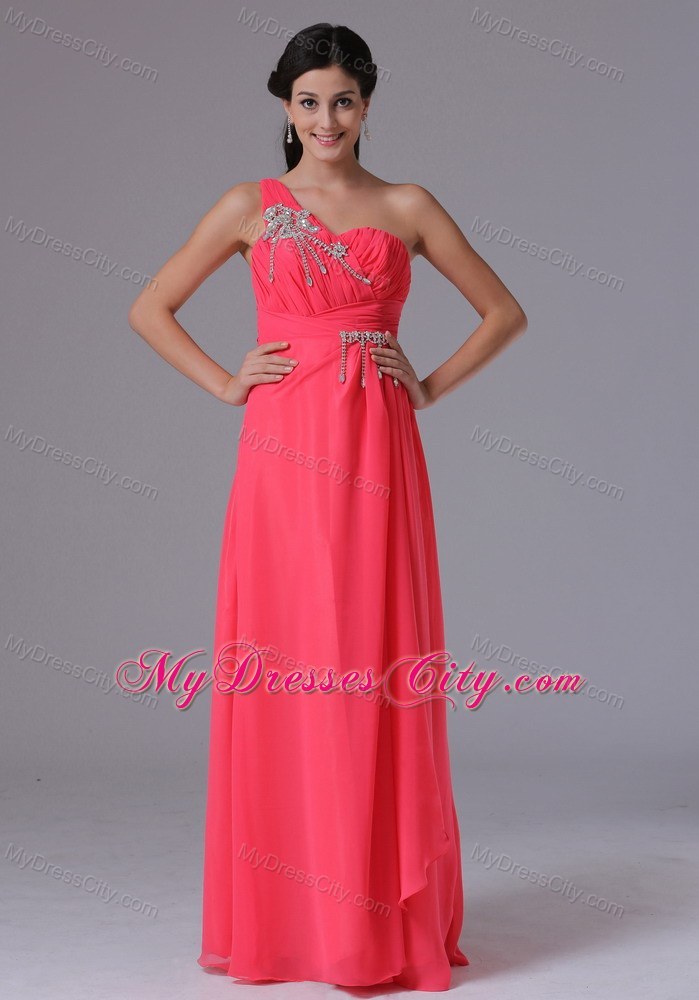 One Shoulder Pink Empire Floor-length Beaded Pageant Dress