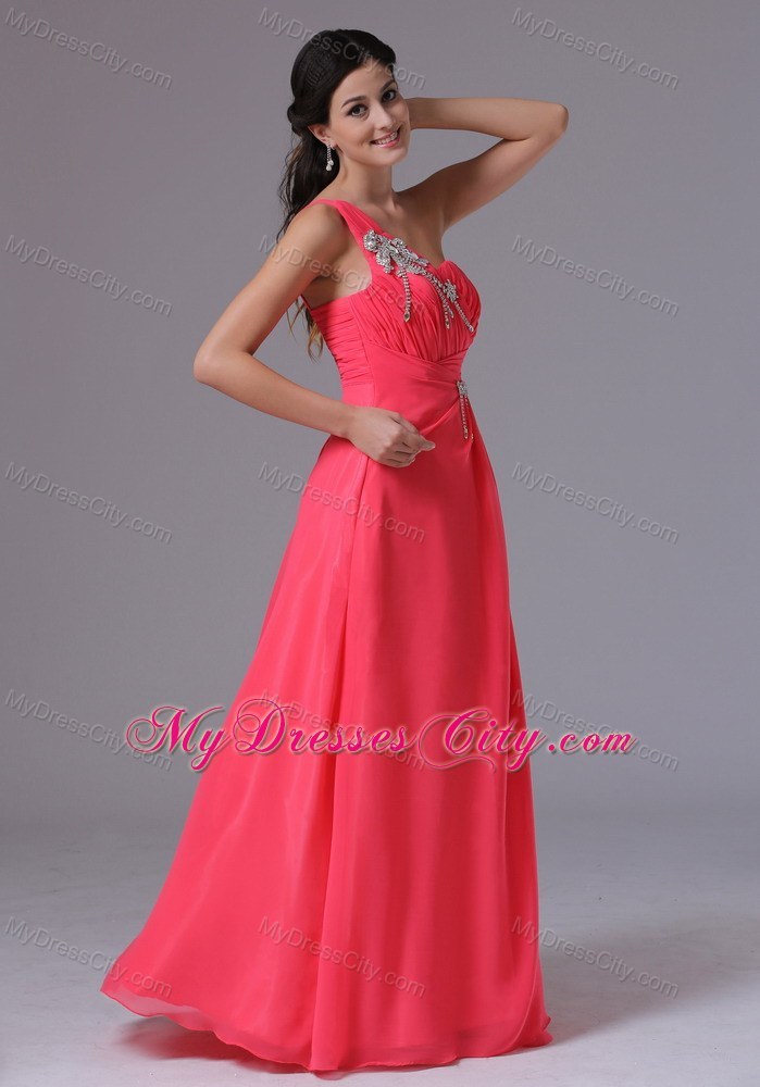 One Shoulder Pink Empire Floor-length Beaded Pageant Dress
