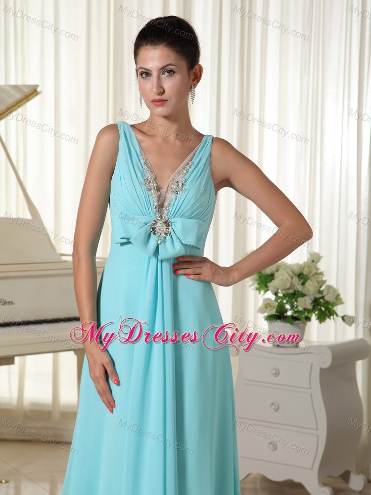 Sexy Blue V-neck Beading Prom Pageant Dress with Brush Train