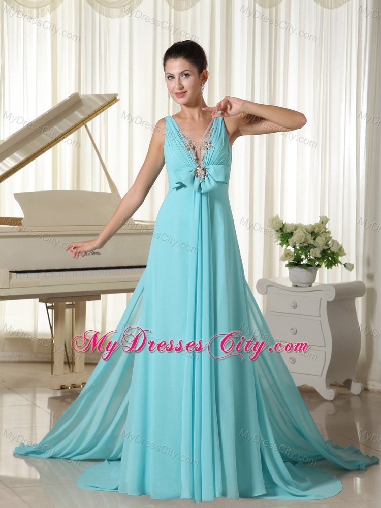Sexy Blue V-neck Beading Prom Pageant Dress with Brush Train