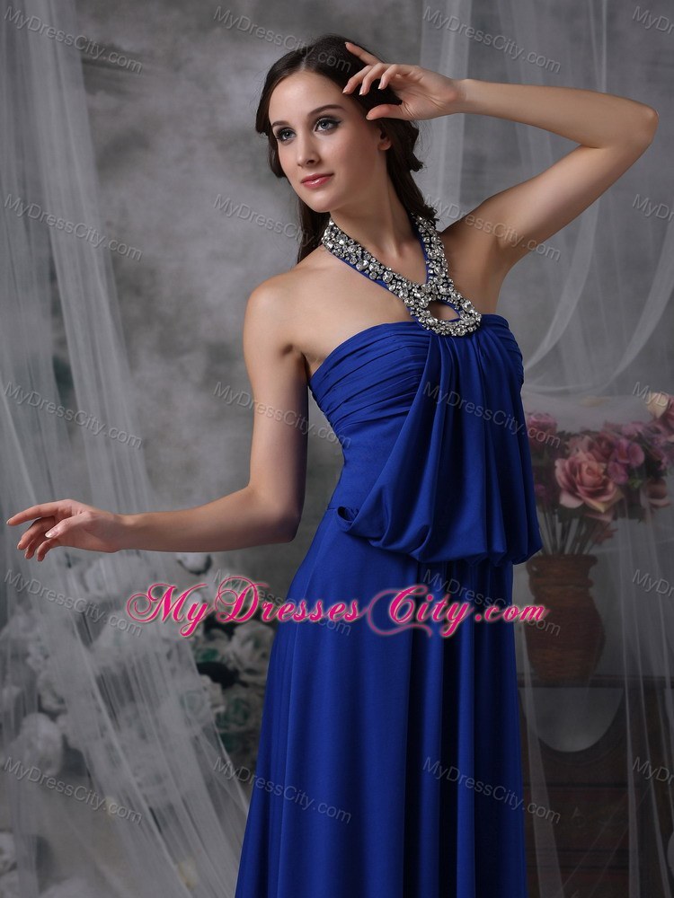 Classical Long Royal Blue Halter Chiffon Beaded Pageant Dress