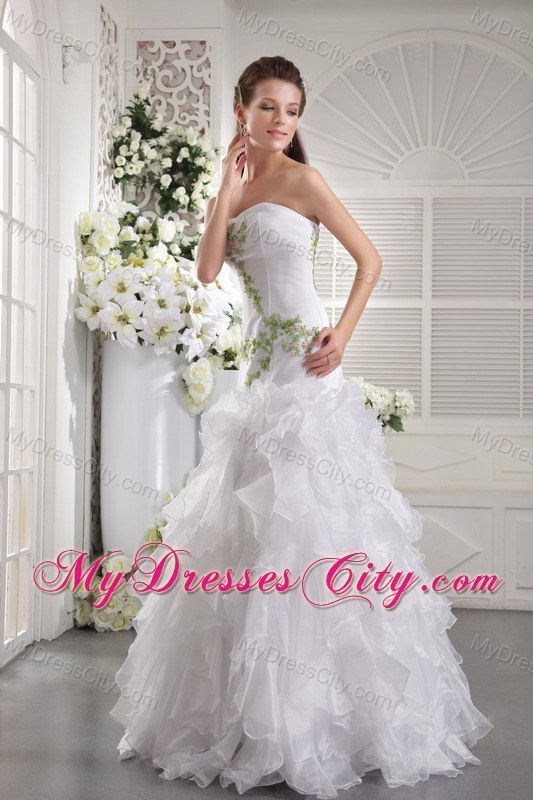 White Strapless Prom Gowns with Appliques and Ruffled Layers