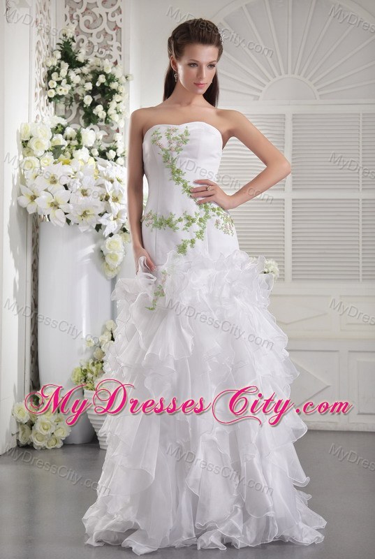 White Strapless Prom Gowns with Appliques and Ruffled Layers