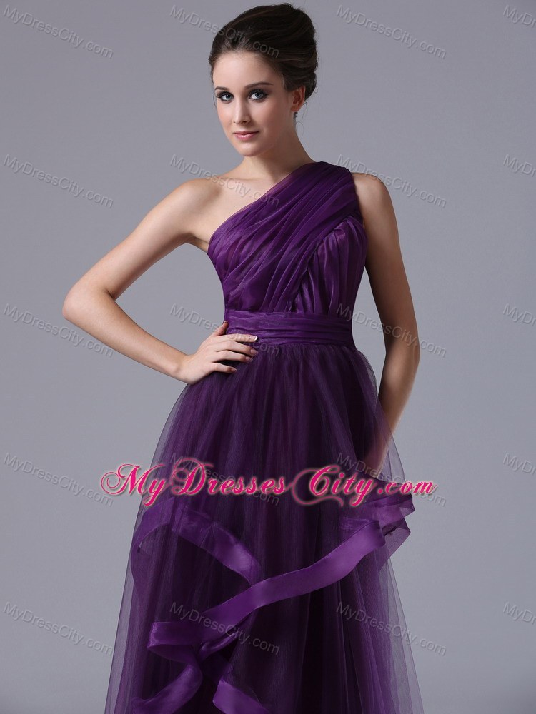 One Shoulder Tulle Ruched Prom Pageant Dress in Purple