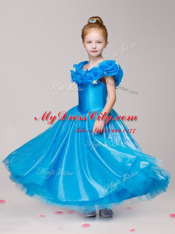 Off the Shoulder Cap Sleeves Ankle Length Zipper Flower Girl Dress Blue for Quinceanera and Wedding Party with Appliques