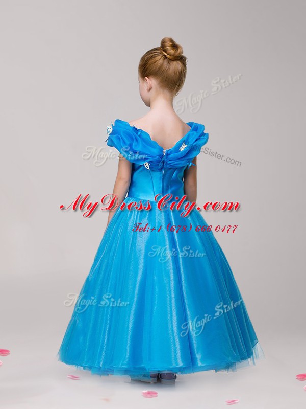 Off the Shoulder Cap Sleeves Ankle Length Zipper Flower Girl Dress Blue for Quinceanera and Wedding Party with Appliques