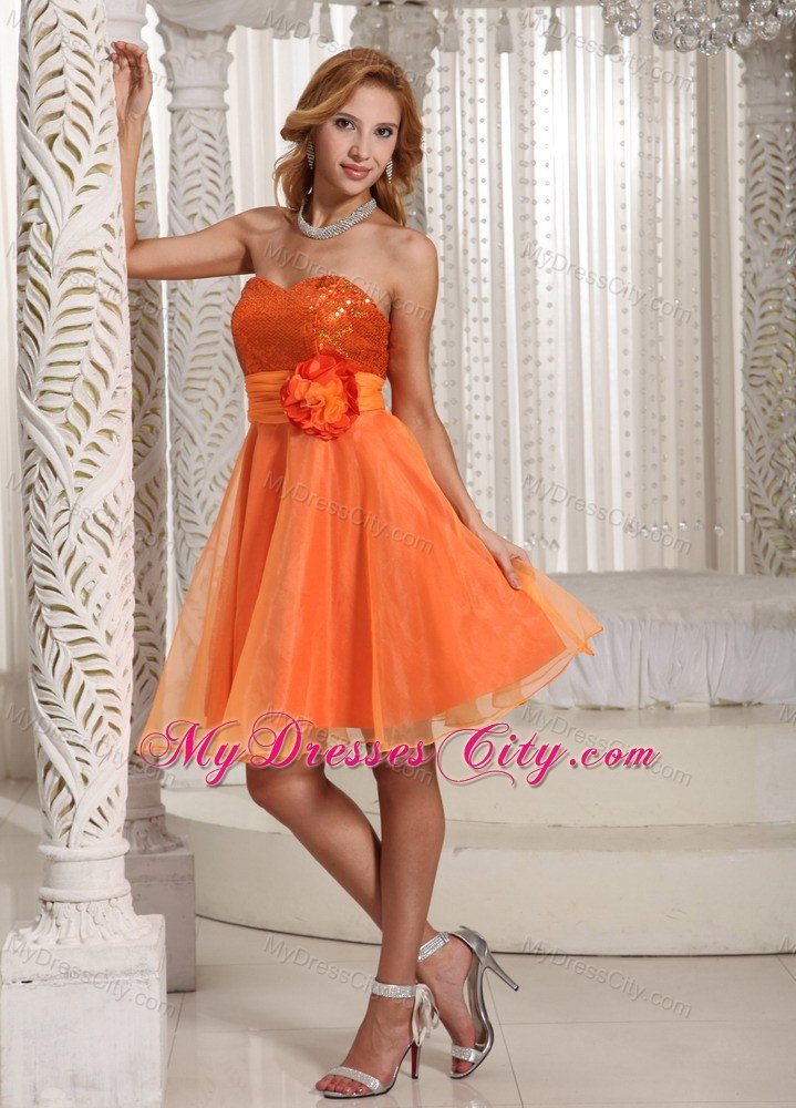 Short Orange Zipper-up Back Organza Party Dress with Paillette