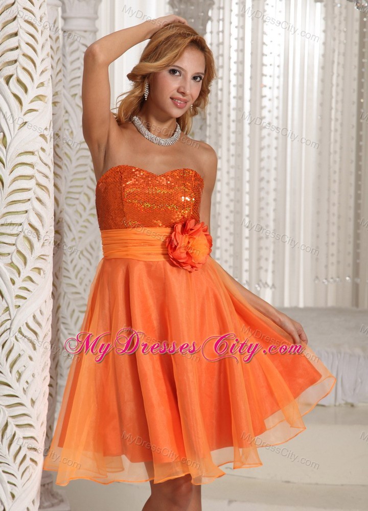 Short Orange Zipper-up Back Organza Party Dress with Paillette