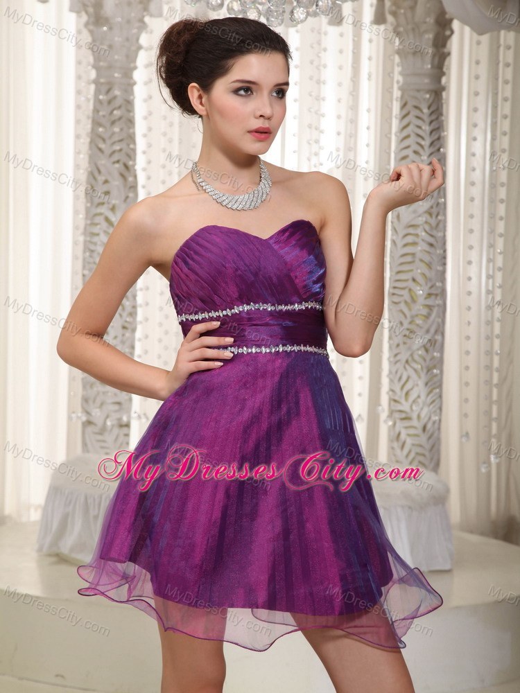 Mini-length Purple A-line Organza Beaded Party Dress