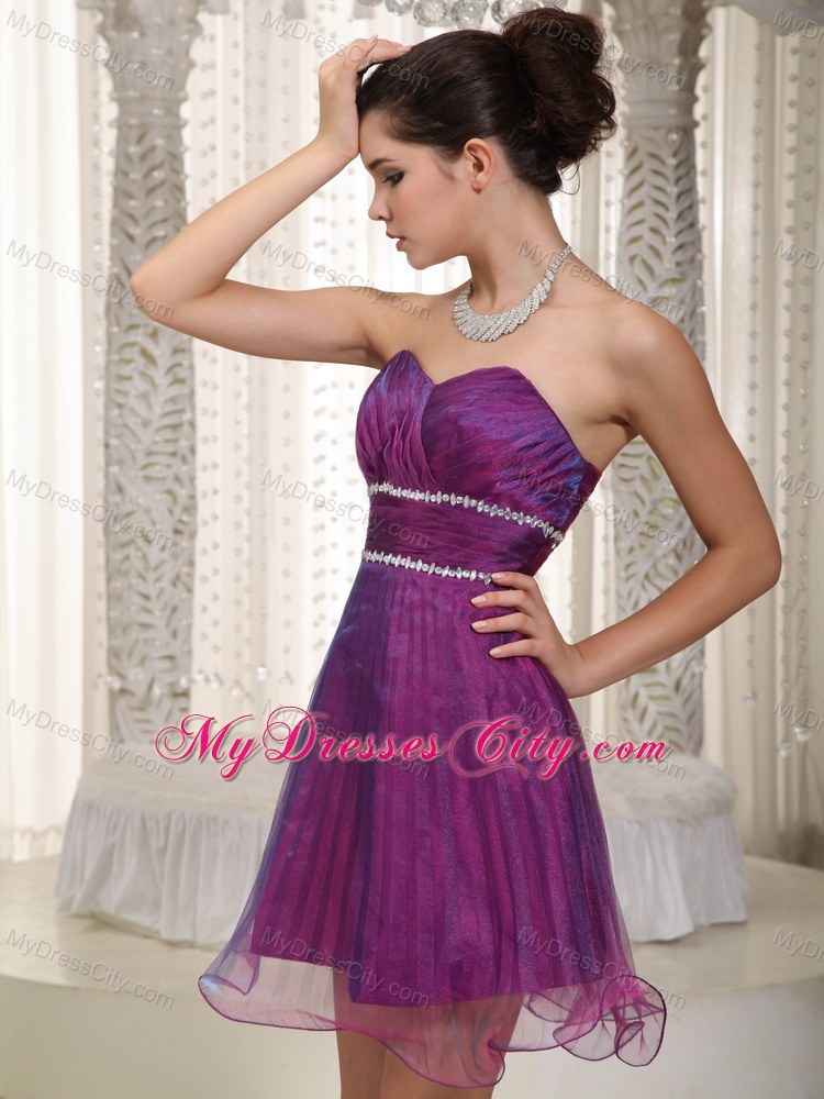 Mini-length Purple A-line Organza Beaded Party Dress