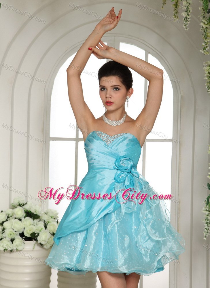 Aqua Blue Short Beading and Flowers Party Dress for Girls