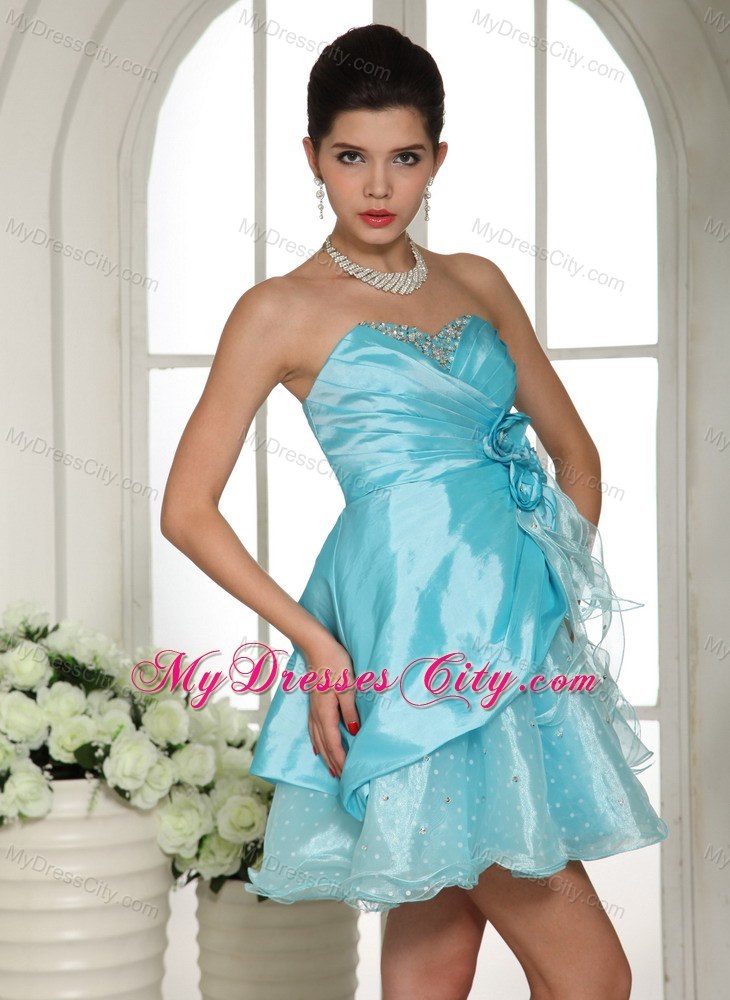 Aqua Blue Short Beading and Flowers Party Dress for Girls