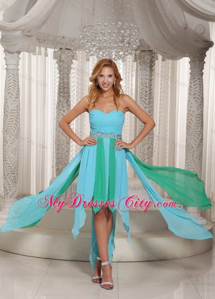Asymmetrical Aqua Blue Party Dress With Beaded Decorate