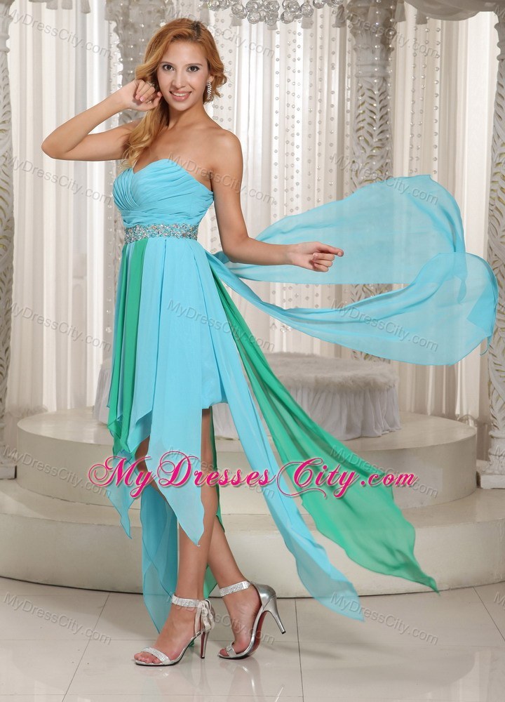 Asymmetrical Aqua Blue Party Dress With Beaded Decorate