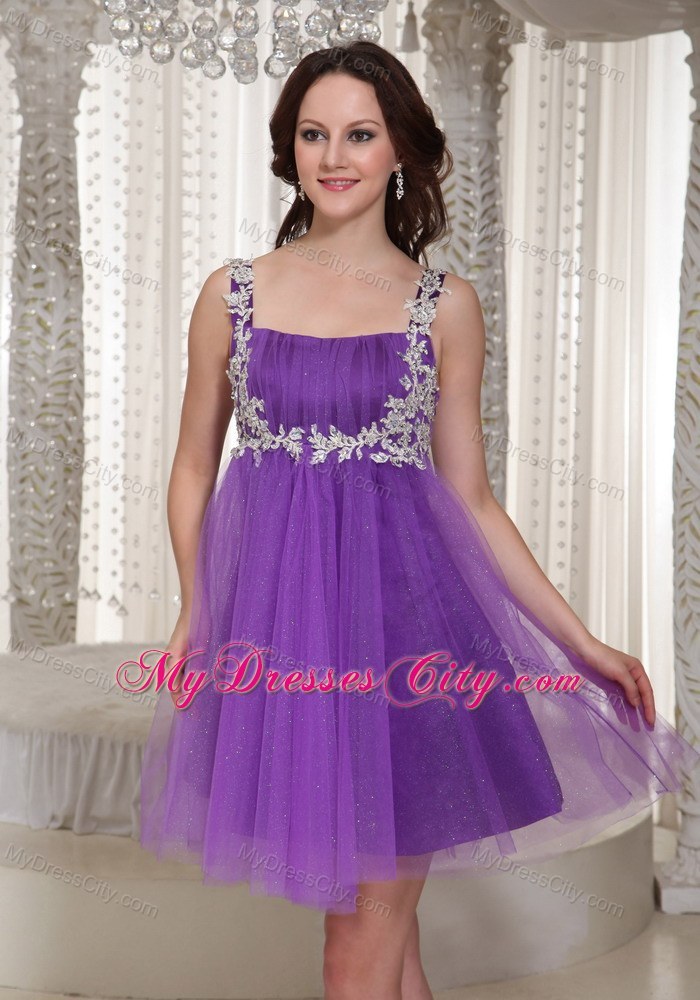 Appliques Decorate Straps Purple Party Gown With Mini-length