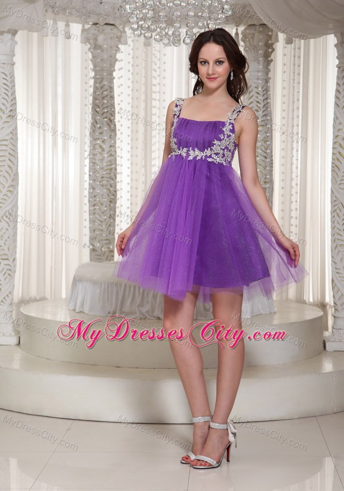Appliques Decorate Straps Purple Party Gown With Mini-length