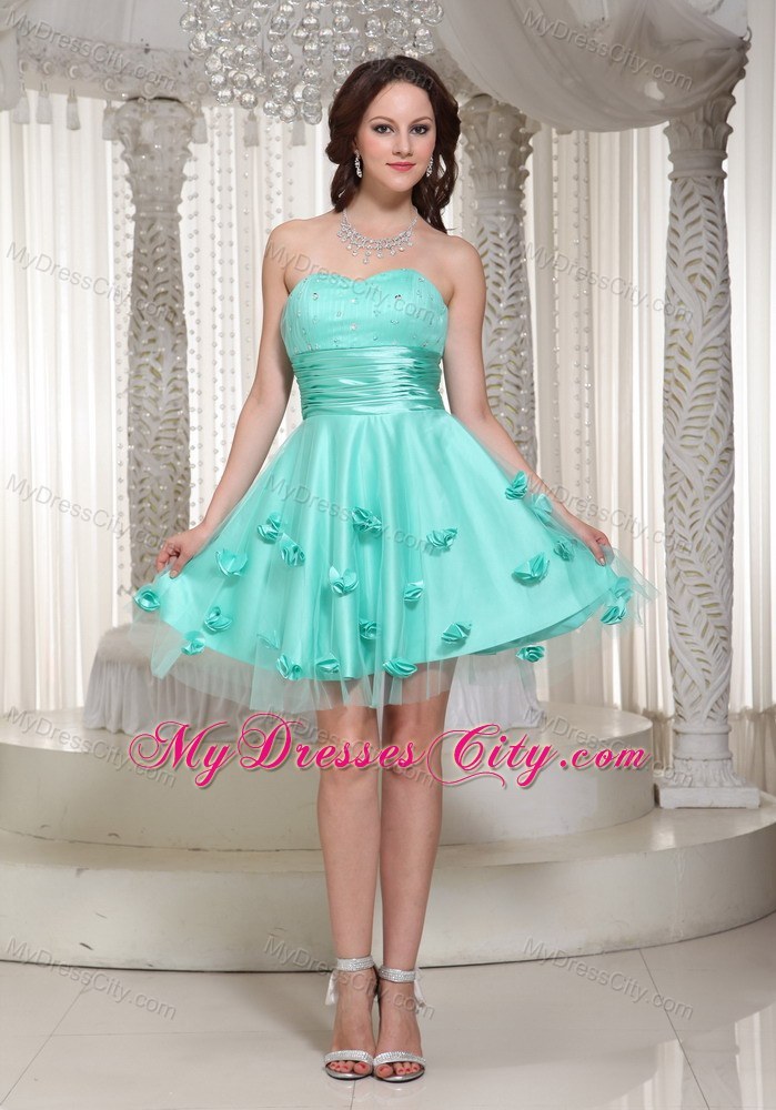 Turquoise Short Prom Dress For Party With Flowers Decorate