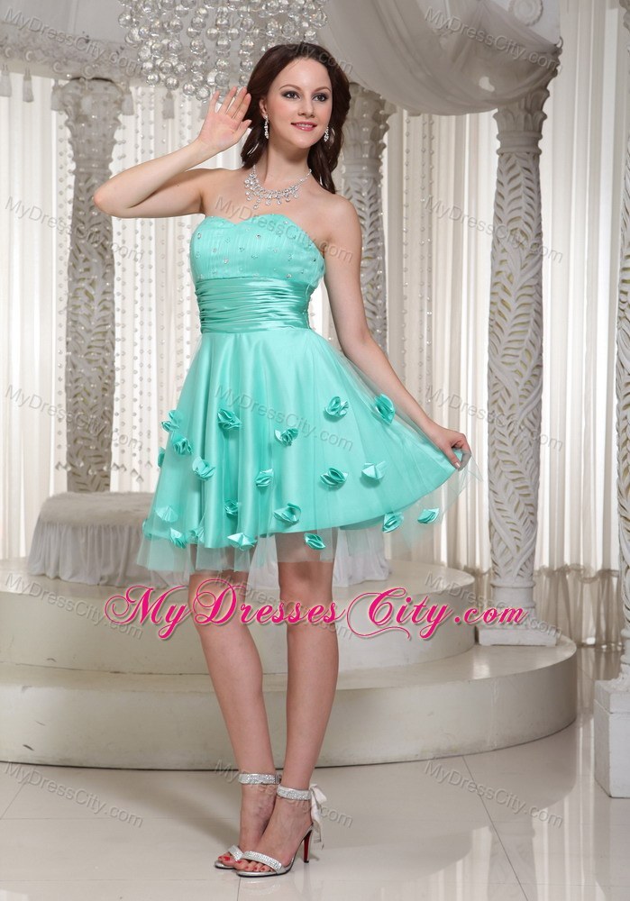 Turquoise Short Prom Dress For Party With Flowers Decorate