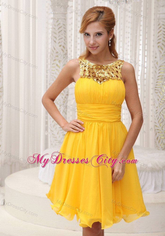 Ruched Bodice Sequin and Chiffon Yellow Short Party Dress