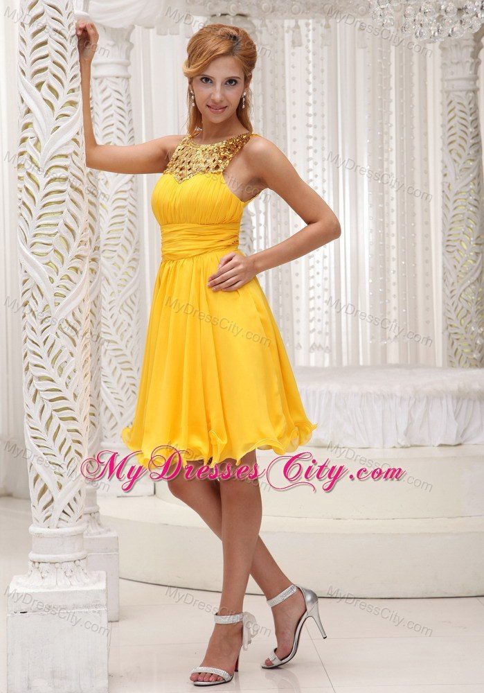 Ruched Bodice Sequin and Chiffon Yellow Short Party Dress